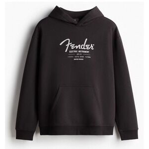H&M Fender Graphic Hoodie Charcoal Pullover Heavyweight Grunge Streetwear Sz M‎